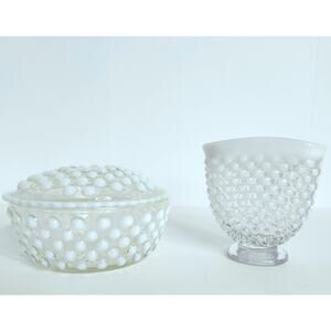 Vintage Hobnail Opalescent Glass Vanity Jar with Lid & Footed Vase
